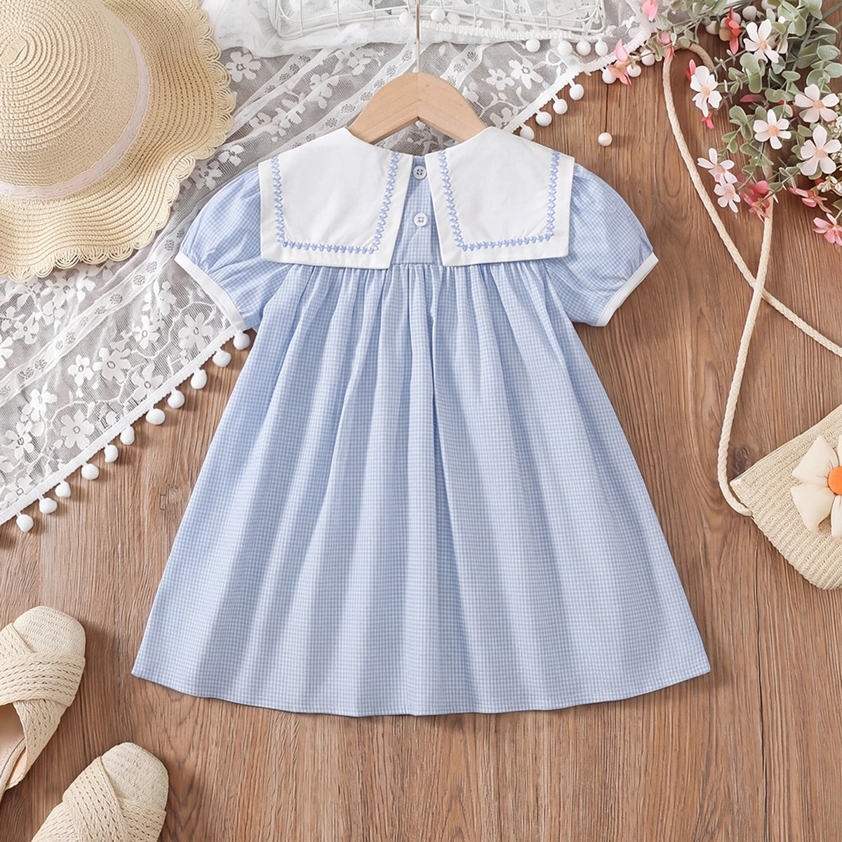 Girls Light Blue Checked Puff Sleeve A-line Dress Casual Dresses