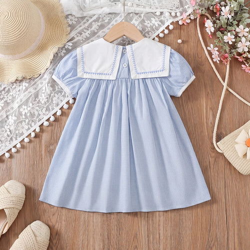 Girls Light Blue Checked Puff Sleeve A-line Dress Casual Dresses