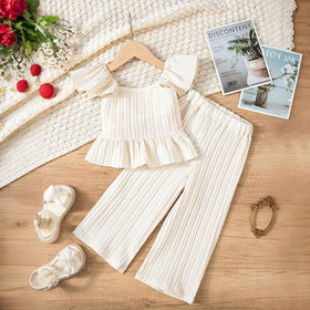 Girls Apricot Self Stripe Peplum Top With Pants Co-ord Sets Sets