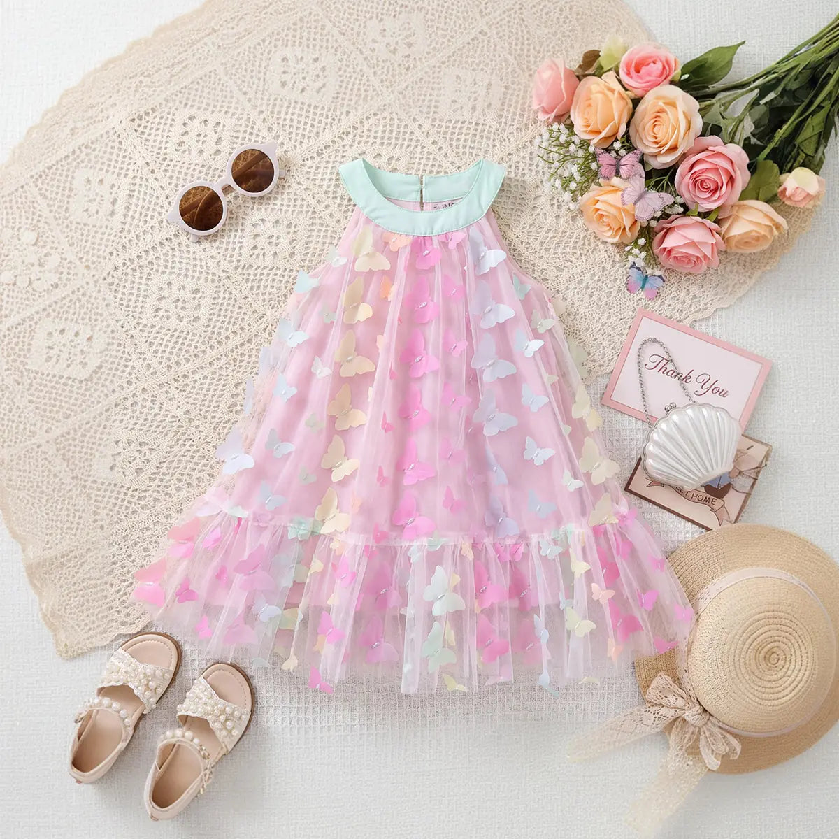 Girls Light Pink Butterfly Applique Sleeveless A-line Party Dress Party Dresses Light Pink 2-3 Y