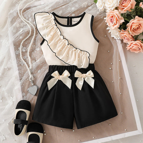 Girls Cream Embellished Sleeveless Ruffle Top With Shorts Sets 2 pc. Sets Cream 3-4 Y