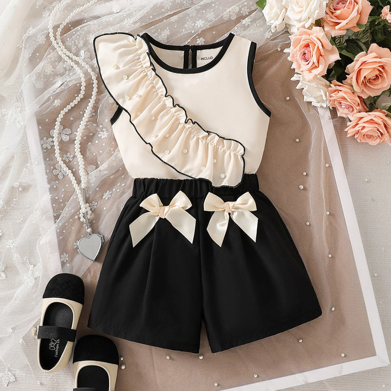 Girls Cream Embellished Sleeveless Ruffle Top With Shorts Sets 2 pc. Sets Cream 3-4 Y