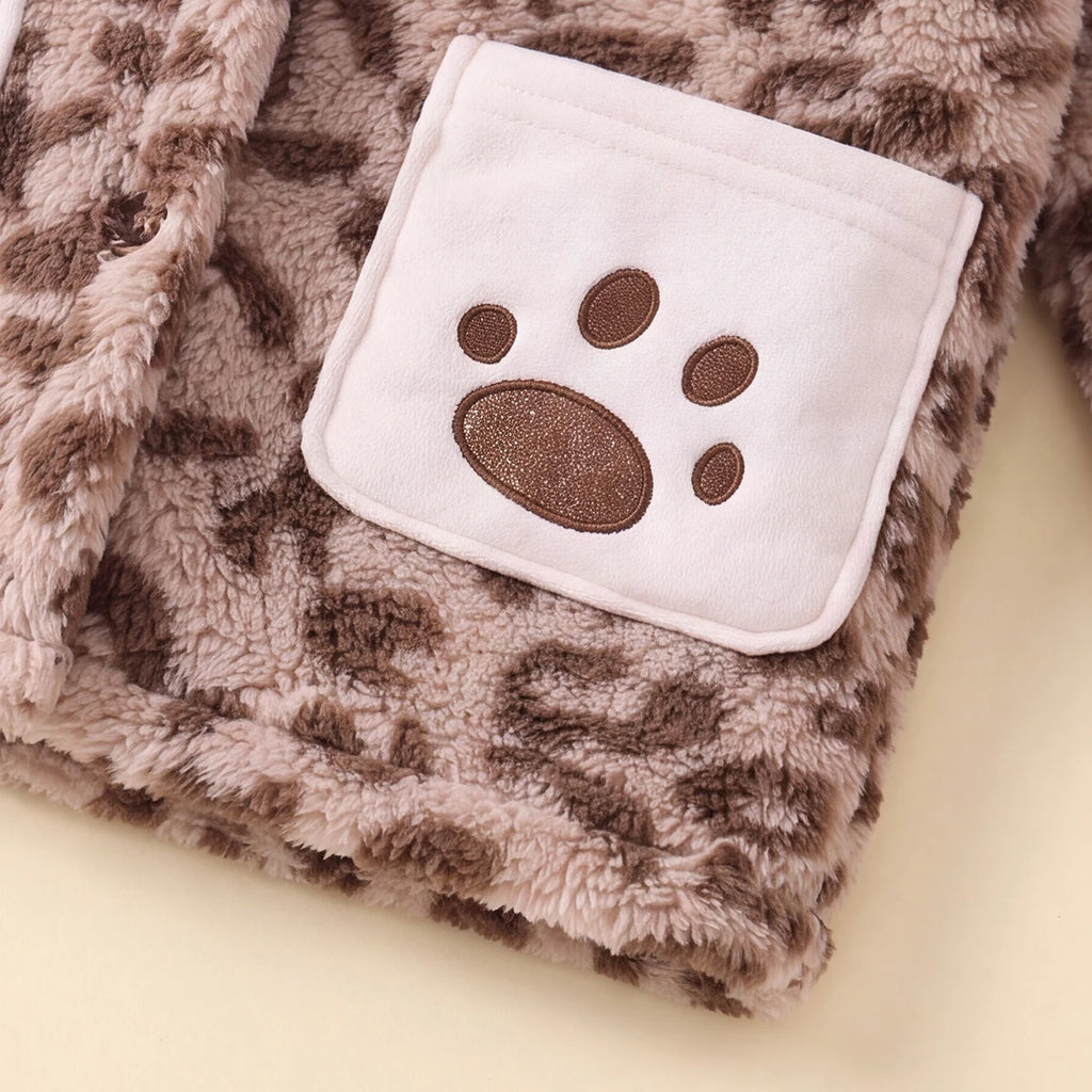Girls Brown Leopard Print Hooded Zipper Jacket Coats & Jackets