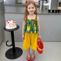 Girls Green Printed Ruffle Peplum Top With Long Shorts Sets Sets Green 1-2 Y
