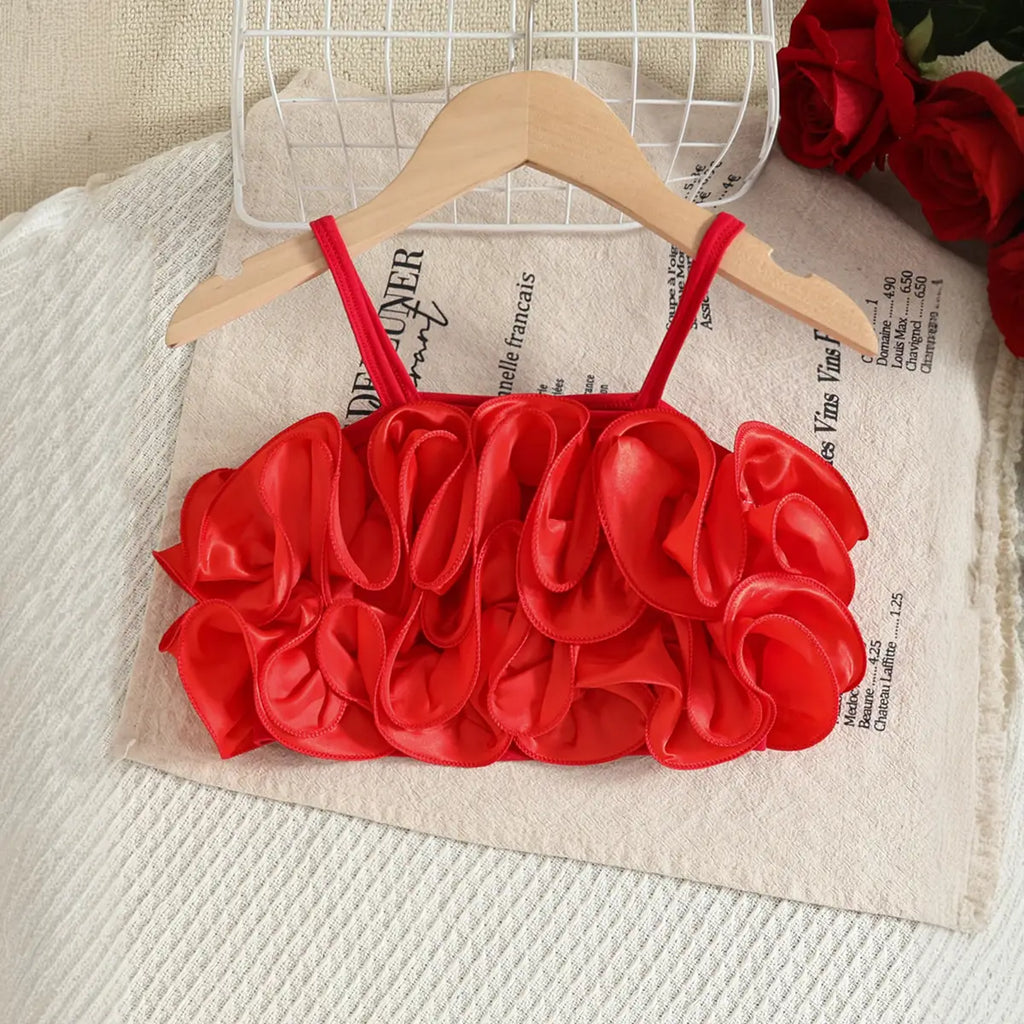 Girls Red 3D Floral Ruffle Top With Tiered Tulle Tutu Skirt Sets Sets