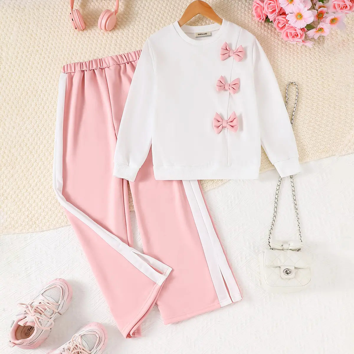Girls White Bow Details Sweatshirt With Wide Leg Pant Sets Sets White 7-8 Y