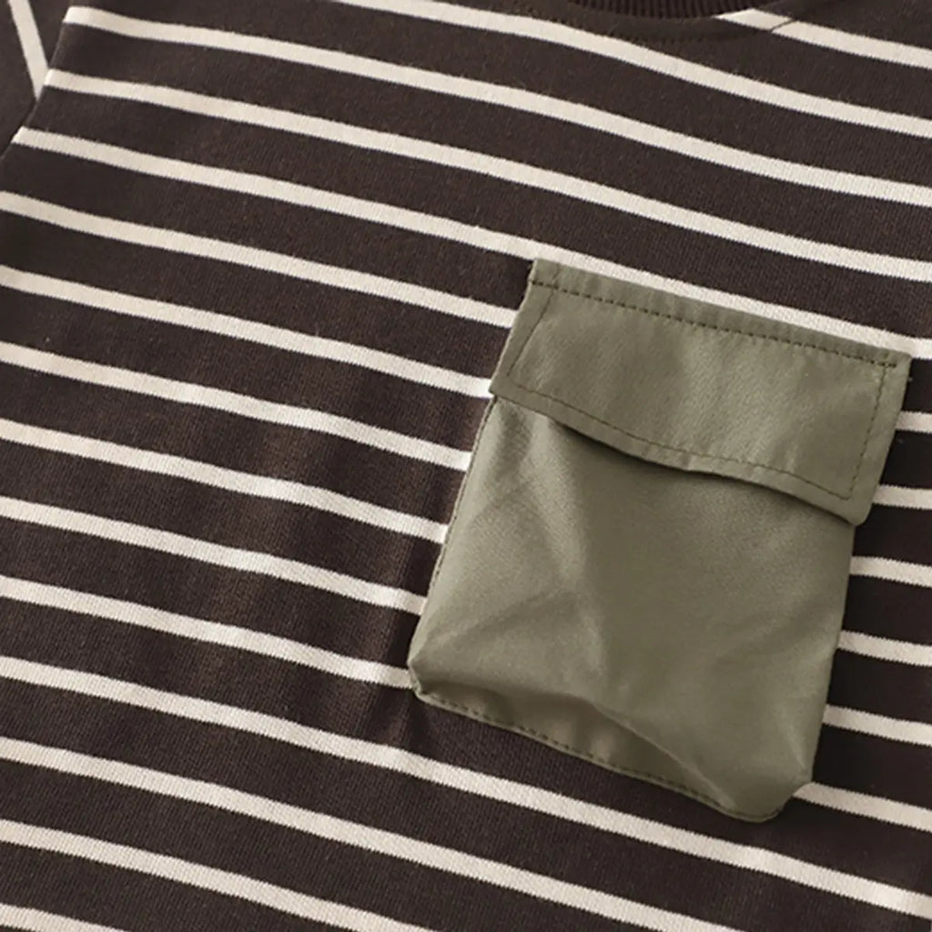 Boys Dark Brown Striped T-Shirt With Pocket & Denim Shorts Sets Sets