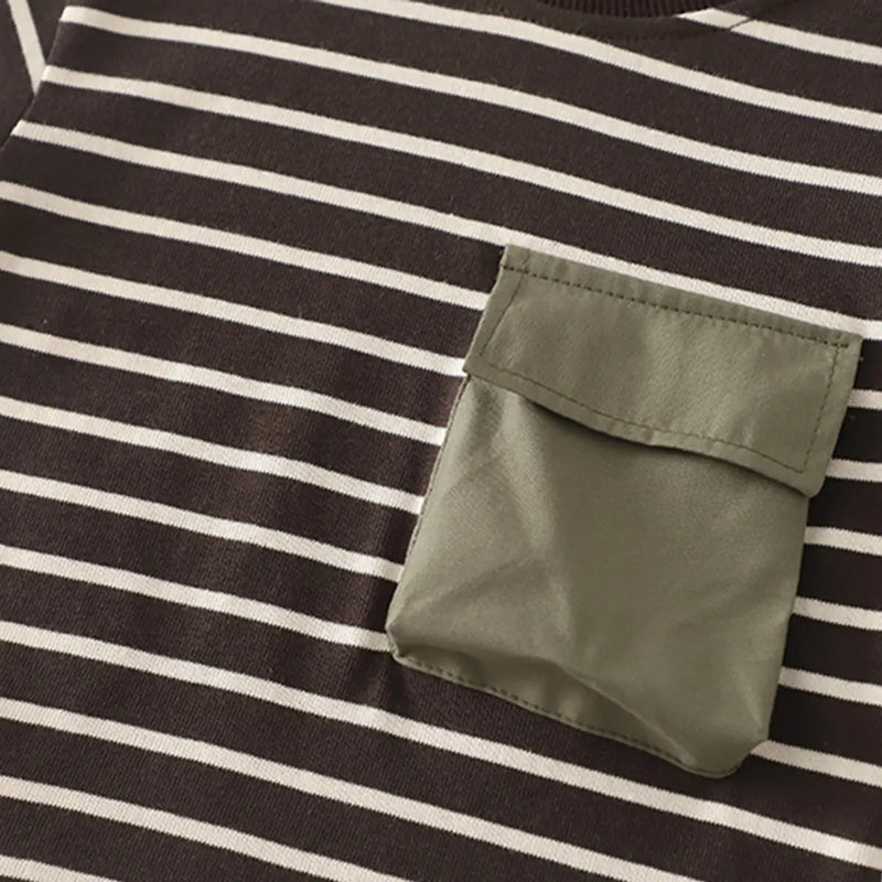 Boys Dark Brown Striped T-Shirt With Pocket & Denim Shorts Sets Sets