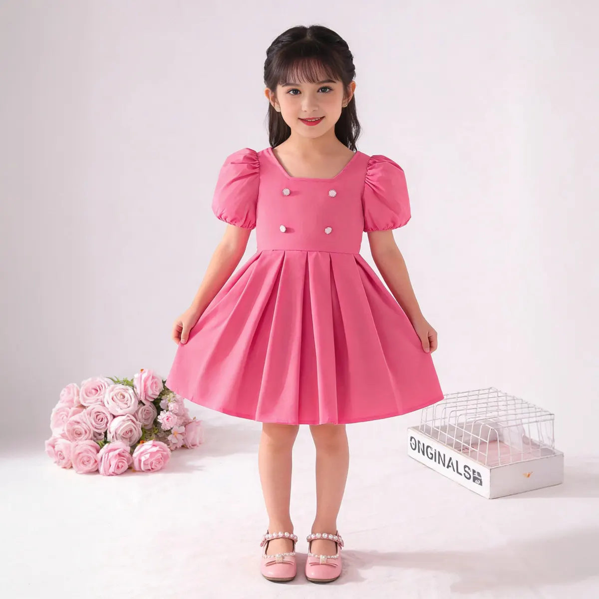 Girls Pink Pleated Fit & Flare Dress With Puff Sleeves Casual Dresses