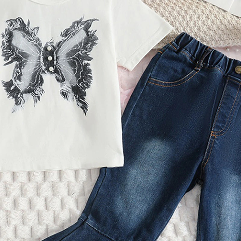 Girls White Butterfly Print T-Shirt With Pearl Embellished Denim Jeans Sets 2 pc. Sets
