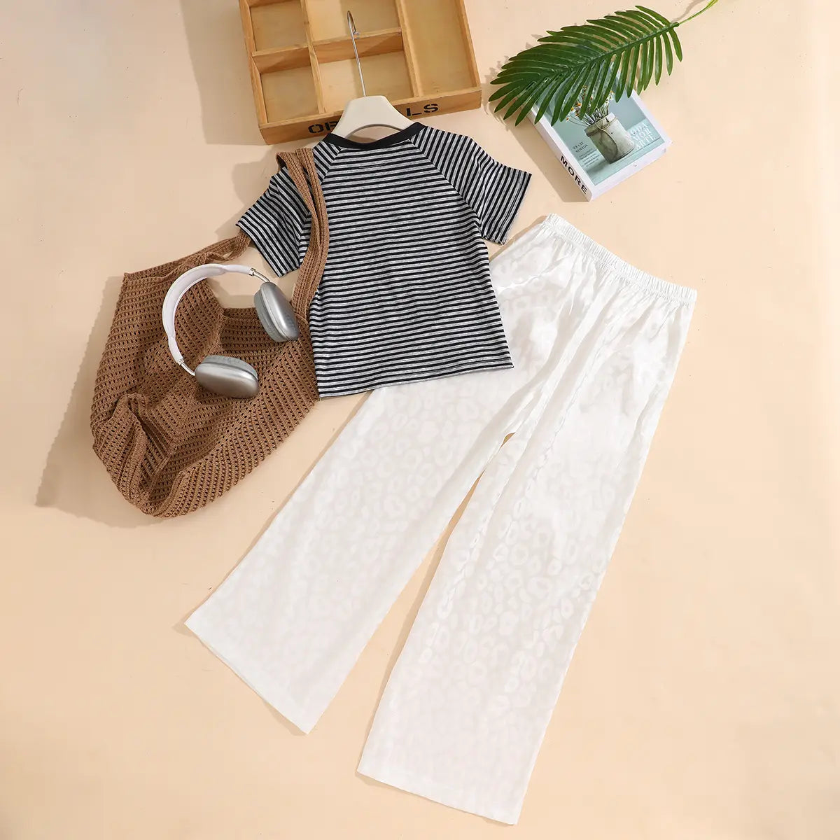Girls Black Striped Henley Top with White Textured Wide Leg Pants Sets Sets
