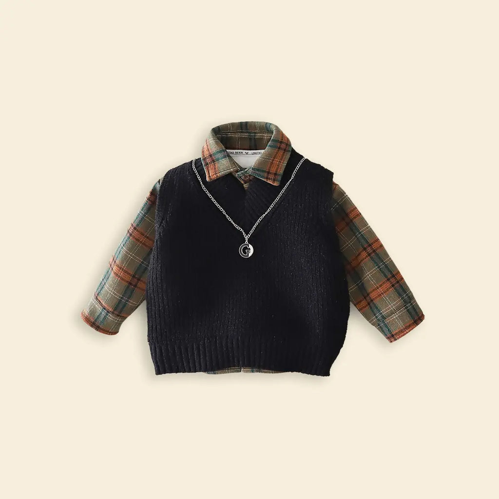 Boys Black Sweater Vest With Checked Shirt & Denim Pant Sets Sets