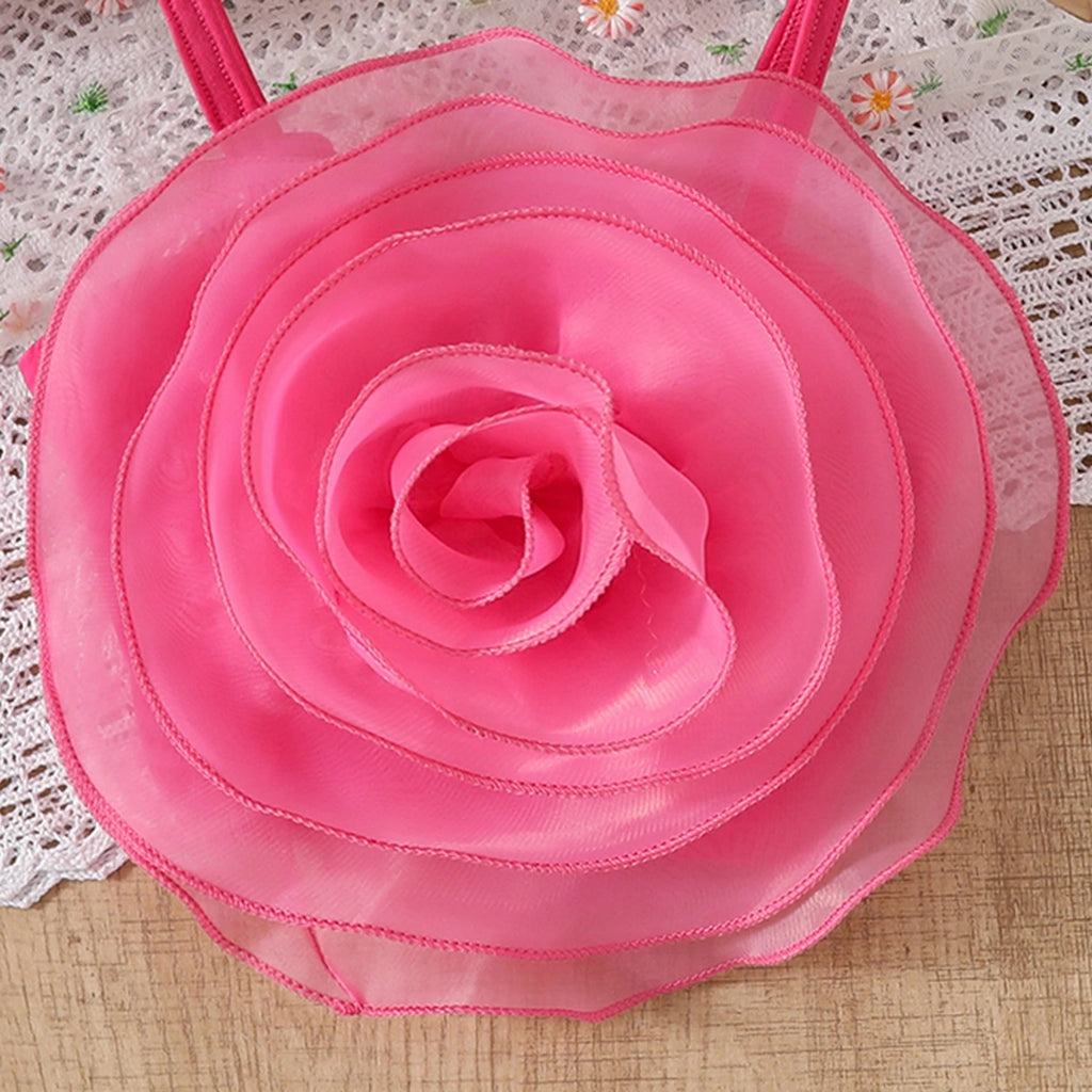Girls Pink 3D Flower Applique Crop Top With Denim Shorts Set Sets