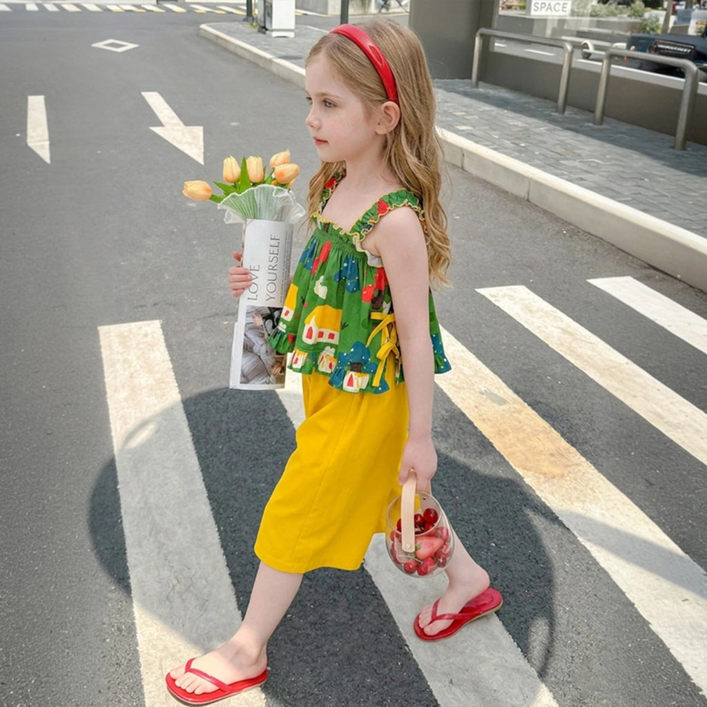Girls Green Printed Ruffle Peplum Top With Long Shorts Sets Sets