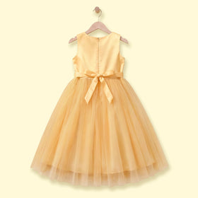 Girls yellow sleeveless party gown with sequined bodice and floral applique