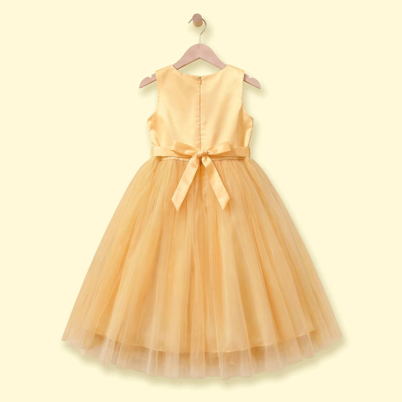 Girls yellow sleeveless party gown with sequined bodice and floral applique