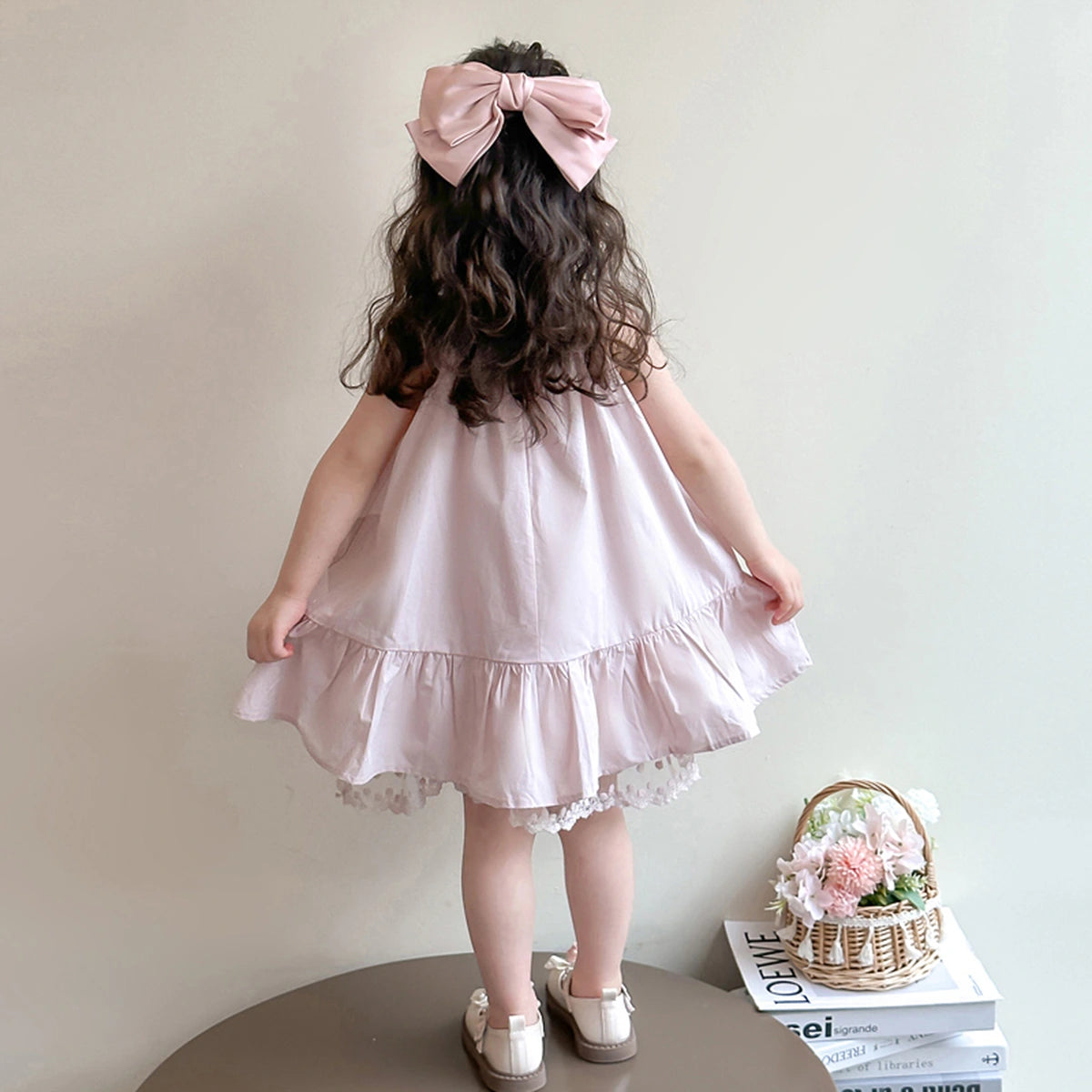 Girls Pink Flowers Applique Sleeveless Summer A-line Dress Casual Dresses