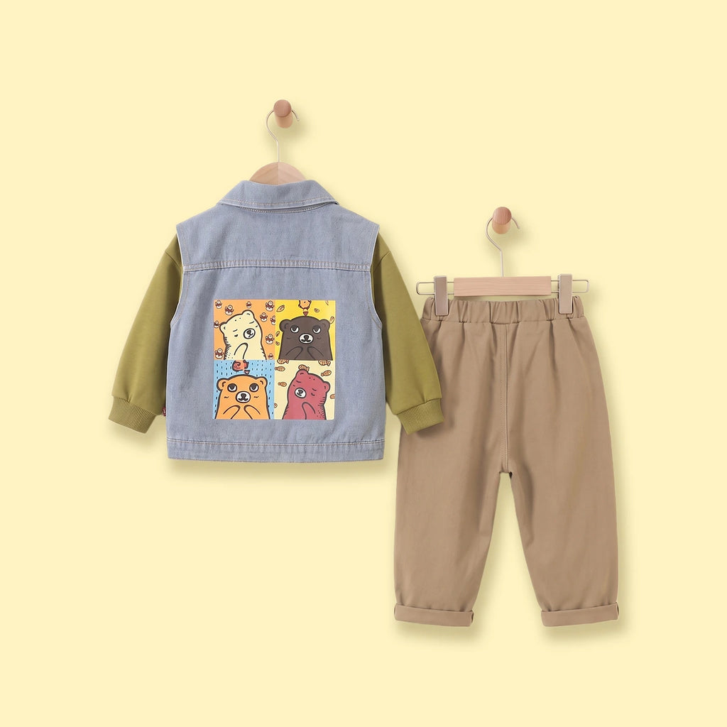 Boys Light Blue Denim Graphic Sleeveless Jacket With Sweatshirt& Pants Sets Sets