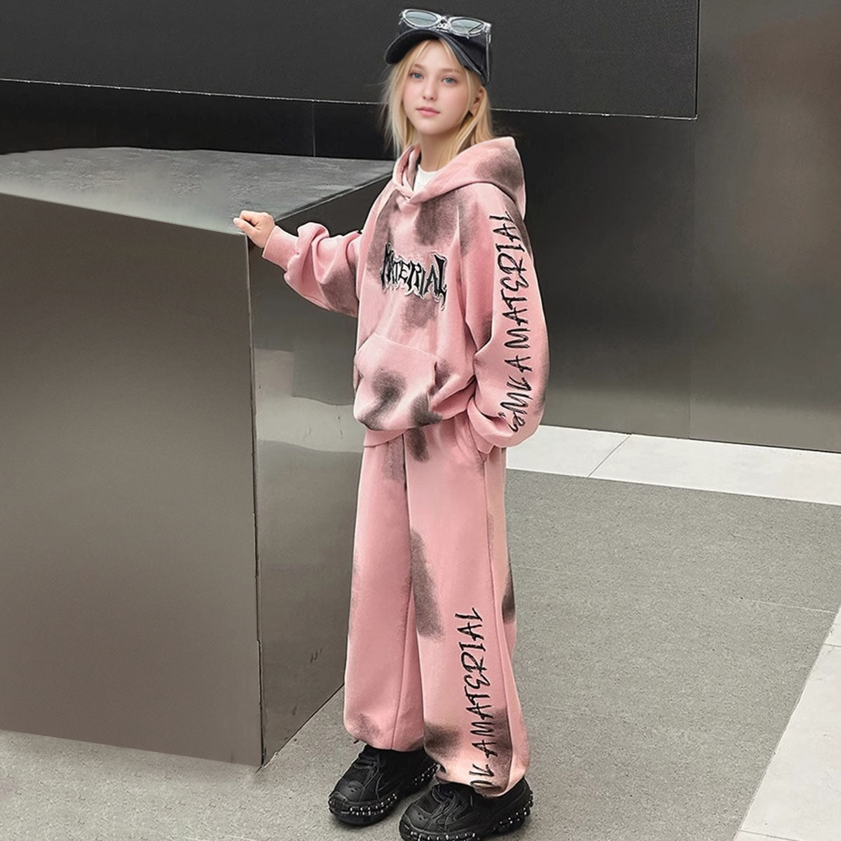 Girls Pink Abstract Printed Hooded Sweatshirt With Pants Winter Co-ord Set 2 pc. Sets