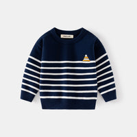 Boys Navy Blue Regular Sweater With Self Design Stripe Patterns Sweaters & Cardigans