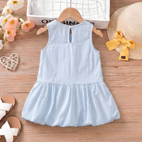 Girls Light Blue Bow Print Sleeveless Balloon Dress Casual Dresses