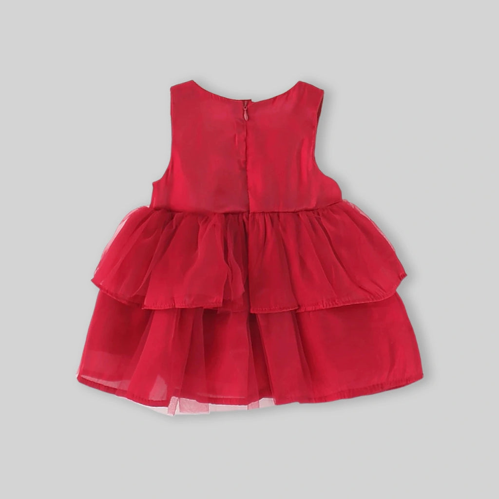 Girls Red Solid Bow Applique Sleeveless Fit And Flare Dress Casual Dresses