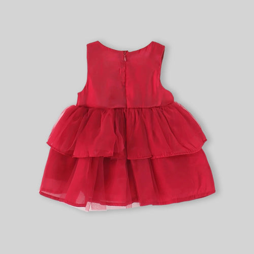 Girls Red Solid Bow Applique Sleeveless Fit And Flare Dress Casual Dresses