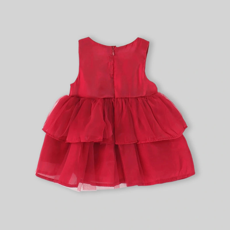 Girls Red Solid Bow Applique Sleeveless Fit And Flare Dress Casual Dresses
