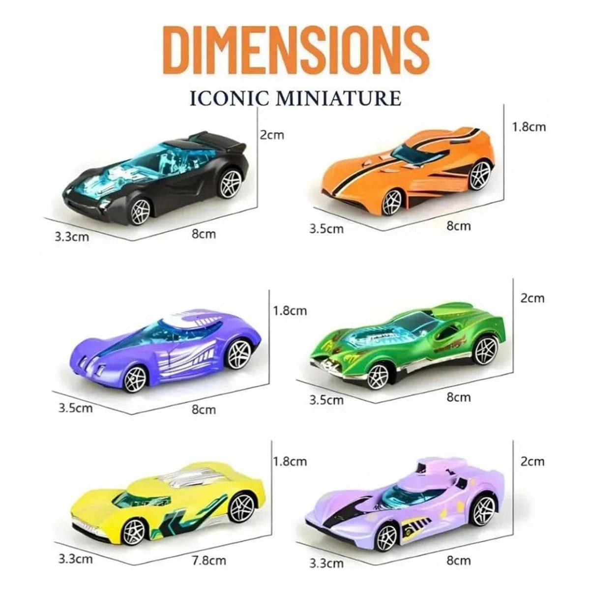 Set of six multicolor alloy racing cars that change color with temperature