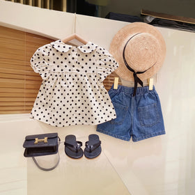 Girls Off White Polka Dot Print Puff Sleeve Top With Denim Shorts Sets 2 pc. Sets