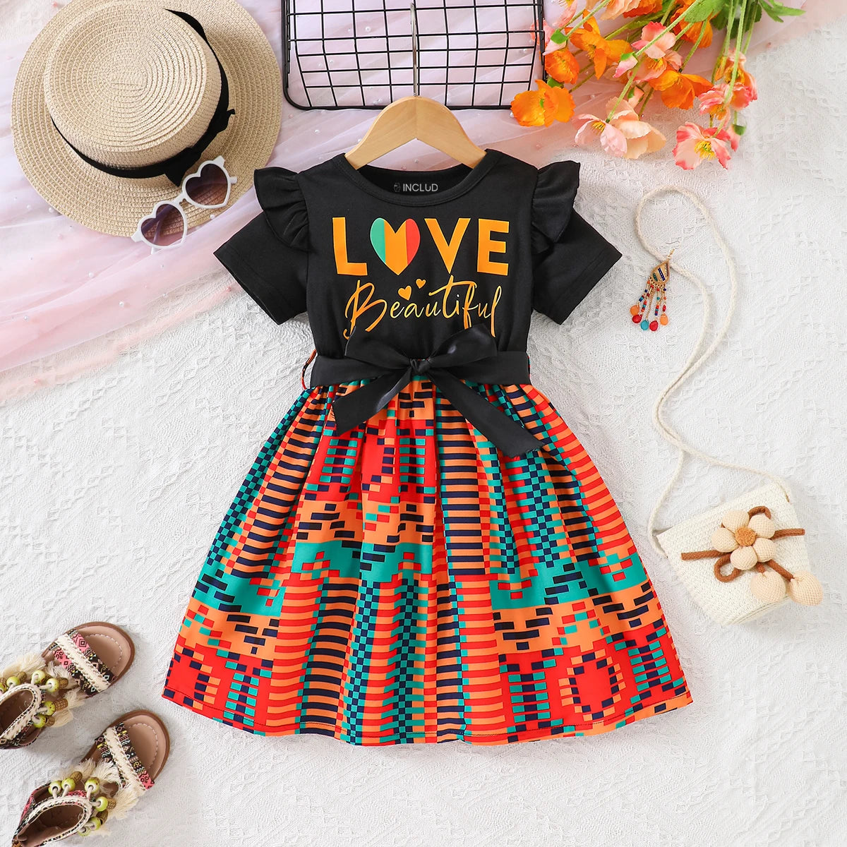 Girls Black Typographic Print Flutter Sleeve Fit & Flare Dress Casual Dresses Black 3-4 Y