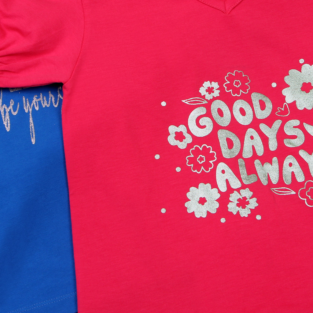 Girls Multicolor Typographic V-Neck Summer T-Shirt- Pack Of 2 Tshirts