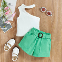 Girls White One Shoulder Ribbed Top With Shorts Sets 2 pc. Sets