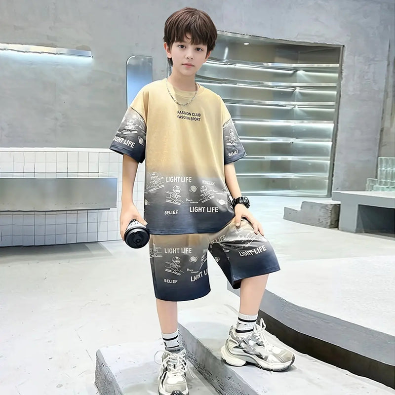 Boys Khaki Ombre Print Short Sleeves T-Shirt With Shorts Co-ord Sets Sets