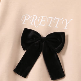 Girls Beige Bow Applique Sweatshirt With Denim Pants Sets 2 pc. Sets