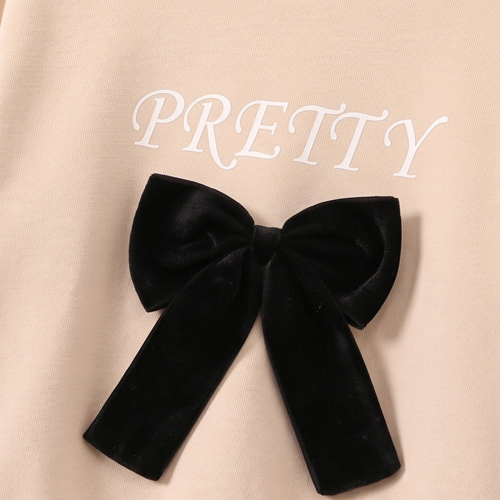 Girls Beige Bow Applique Sweatshirt With Denim Pants Sets 2 pc. Sets