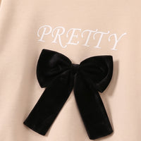 Girls Beige Bow Applique Sweatshirt With Denim Pants Sets 2 pc. Sets