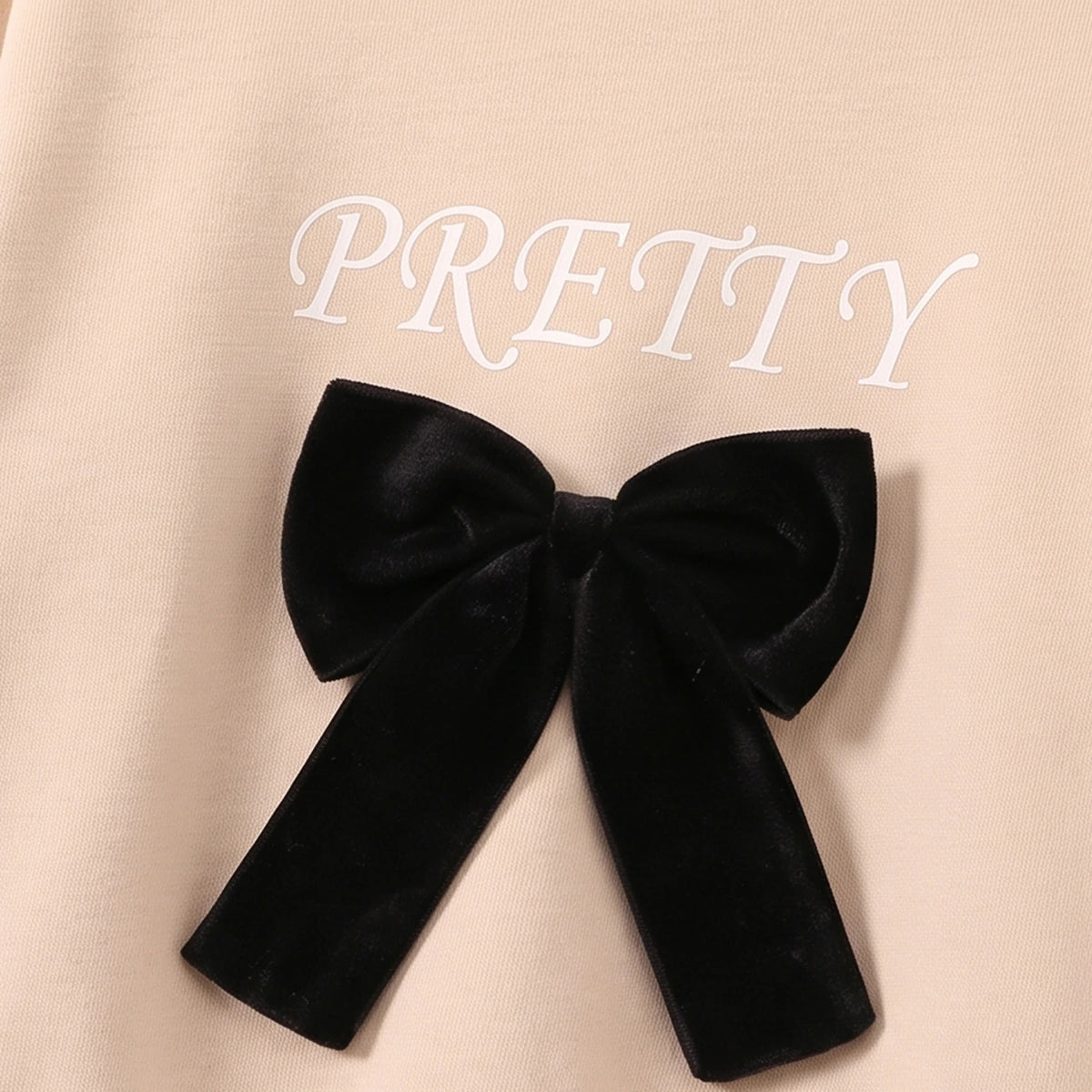 Girls Beige Bow Applique Sweatshirt With Denim Pants Sets 2 pc. Sets