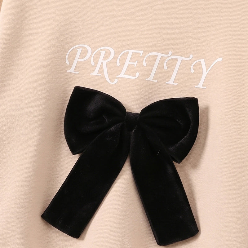 Girls Beige Bow Applique Sweatshirt With Denim Pants Sets 2 pc. Sets
