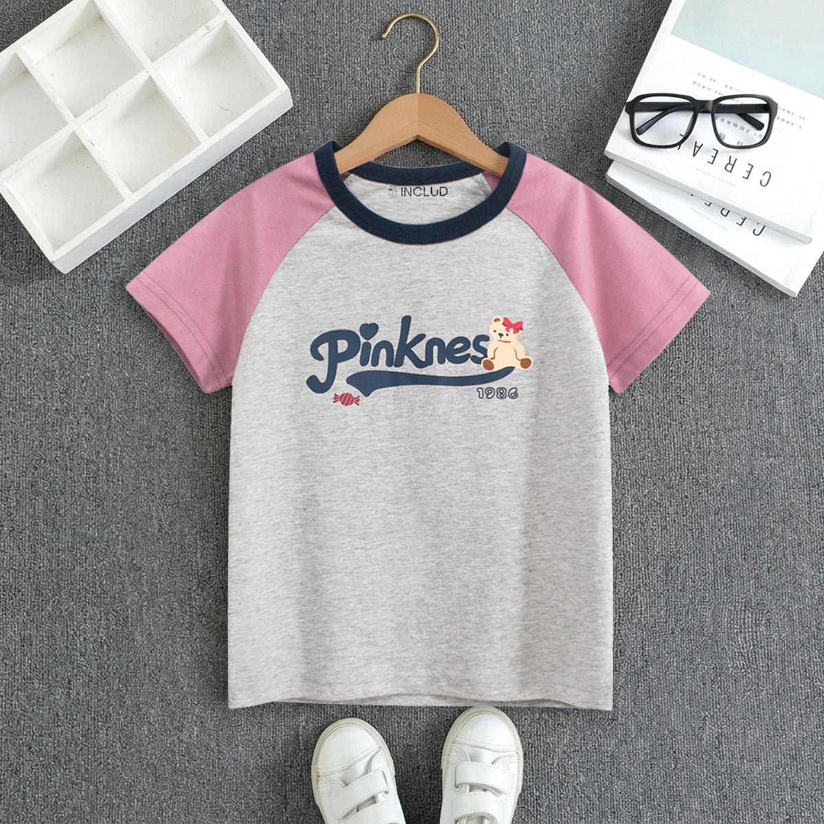 Girls Pink Typographic Print Raglan Sleeve T-Shirt Tshirts Pink 1-2 Y