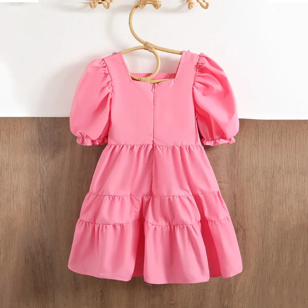 Girls Pink Embellished Puff Sleeve Tiered Dress Casual Dresses
