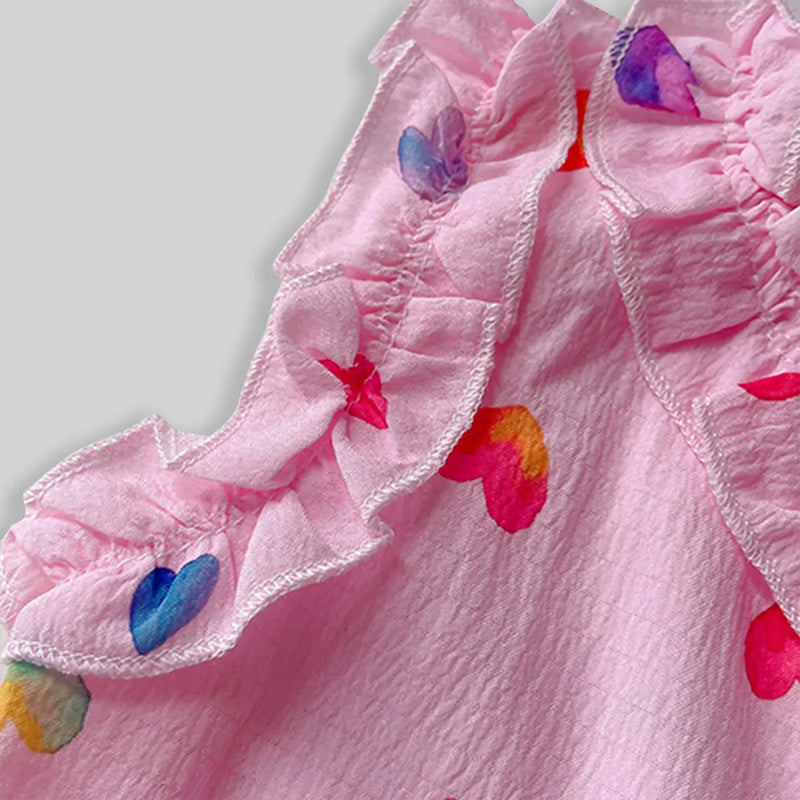 Girls Pink Heart Printed Sleeveless A-line Dress Casual Dresses
