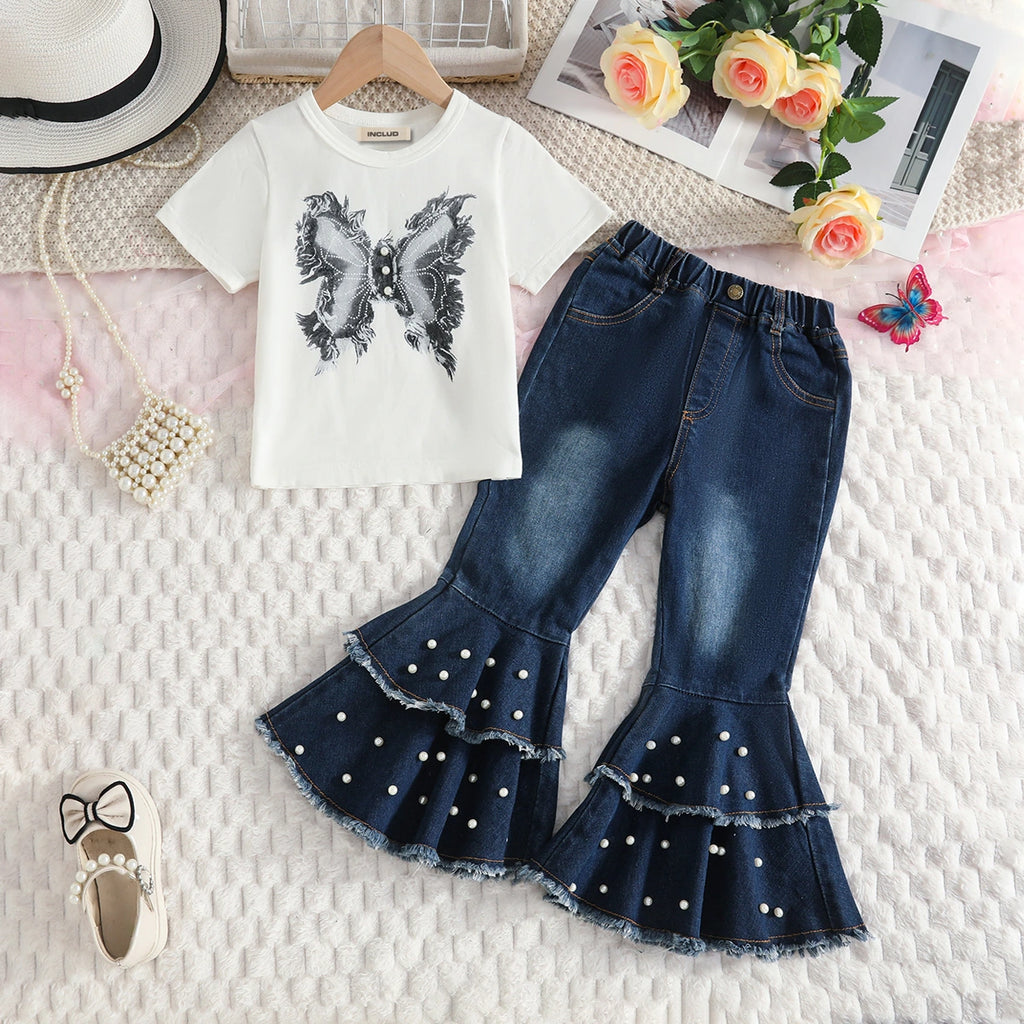 Girls White Butterfly Print Short Sleeves T-Shirt With Pearl Embellished Denim Pants Set Sets White 3-4 Y