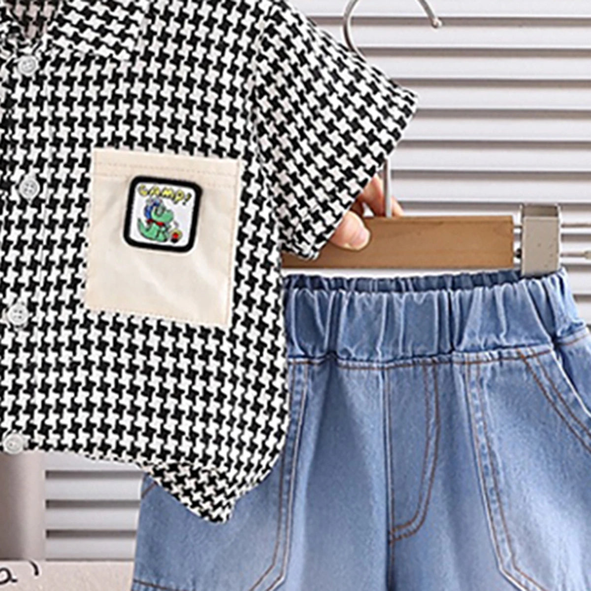 Boys Black Checked Button-Down Shirt With Denim Shorts Set Sets