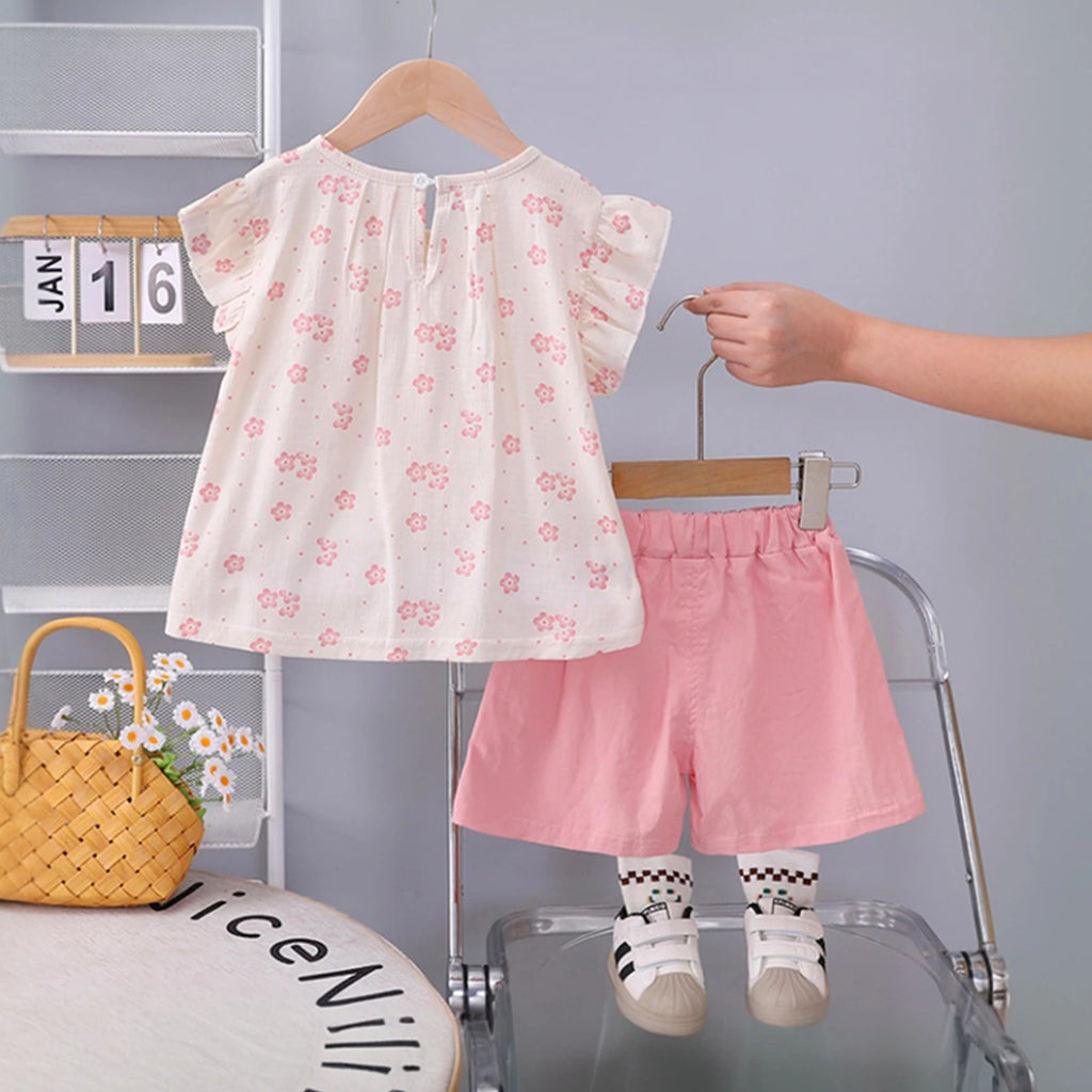 Girls Pink Floral Print Bow Applique Top With Shorts Set Sets