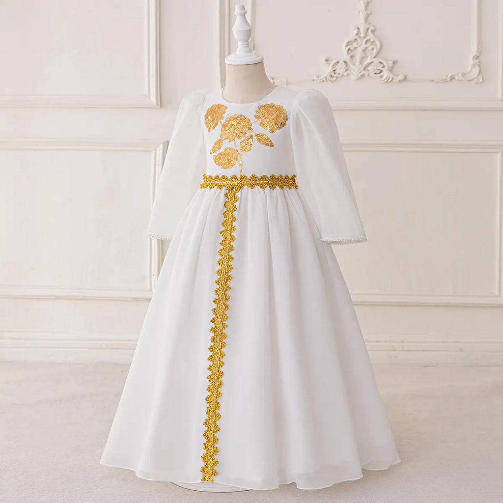 Girls White Long Sleeves Maxi Dress With Floral Embroidery Casual Dresses