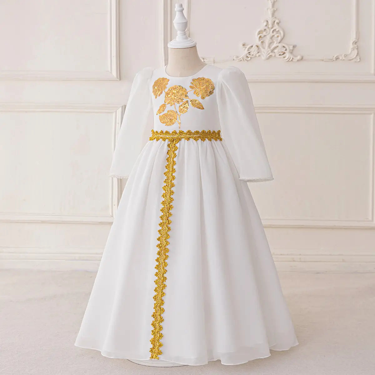 Girls White Long Sleeves Maxi Dress With Floral Embroidery Casual Dresses