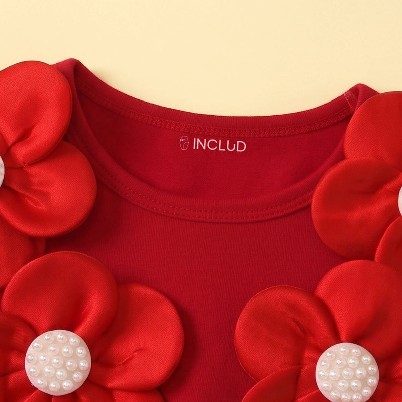 Girls Red Floral Applique Fit & Flare Dress Casual Dresses