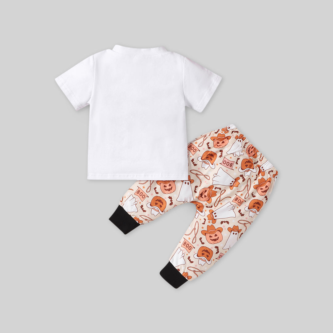 Boys Pumpkin Print T-Shirt With Halloween Printed Pants 2 pc. Sets   