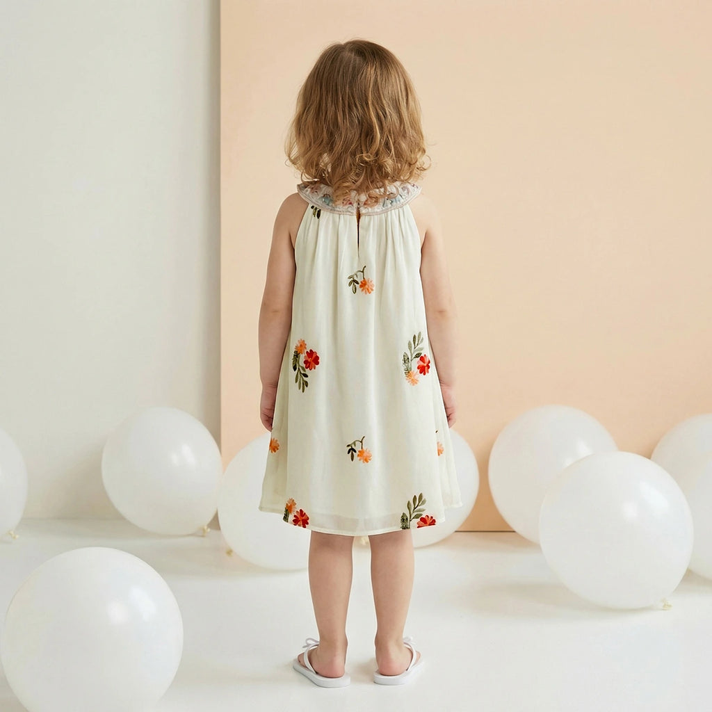 Girls Beige Floral Embroidered Sleeveless A-line Dress Casual Dresses